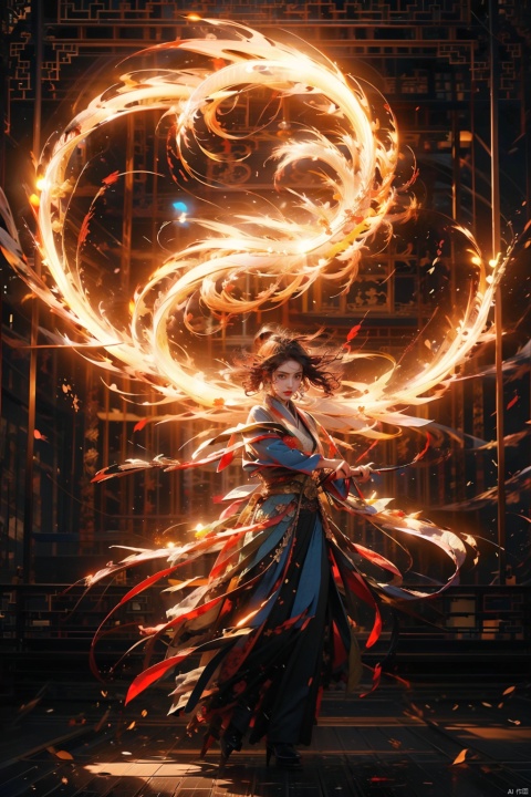  1 girl, solo, (upper body) female focal point, (Hanfu) (kimono) (skirt), blue long hair, (Chinese clothing) (blue eyes) (bright pictures) red lips, bangs, earrings, kimono, Chinese cardigan, print, tassels, (front view) (front view), sword (straight sword)
Elemental Whirlwind, Chinese Dragon_ Imagination__ Cloud winding_ Huoyun_ Dragon, Chinese architecture.
(Masterpiece), (very detailed CG Unity 8K wallpaper), the best quality, high-resolution illustrations, stunning, highlights, (best lighting, best shadows, a very exquisite and beautiful), (enhanced)·