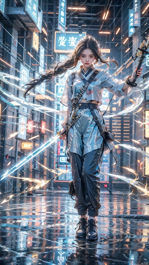  1 girl, loose clothes, (holding a samurai sword) (,blue eyes, three-dimensional facial features, big eyes, light makeup, lying silkworm), (loli height, standing on a mirrored stage, full body photo), (overhead view), (workwear pants, clothing - street hip-hop), (exquisite masterpiece), (holographic projection), (cyberpunk style), (mechanical modular background), (Luminous circuit) (Flashing neon light) (Blue illuminated background) (Background blurring treatment), Light-electric style,shining, yiwenrudao\(xiuxian\)