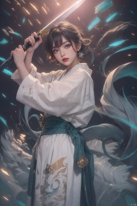  ((minimalist style)), High detailed, masterpiece, ((Front wheel empty light)), 1 girl, solo, (Female Focus), aqua eyes, multicolored eyes, ((Eye highlight)), ((Red glossy lip gloss)), Earrings, bangs, long hair, Hair ornaments, kimono, Printing, Medium chest, ((5 fingers)), ((1 handful Katana/hilt/Blade/)), ((Motion delay light、light painting)), ((Motion delay light| White light painting)), fine gloss, (Desert background), Film and television style, reflection light, motion blur, Depth of field, sparkle, Surrealism, Conceptual art, glowing light, anaglyph, UHD, 8K, best quality, textured skin, 1080P, ccurate, retina, [(white background:1.5)::5]
