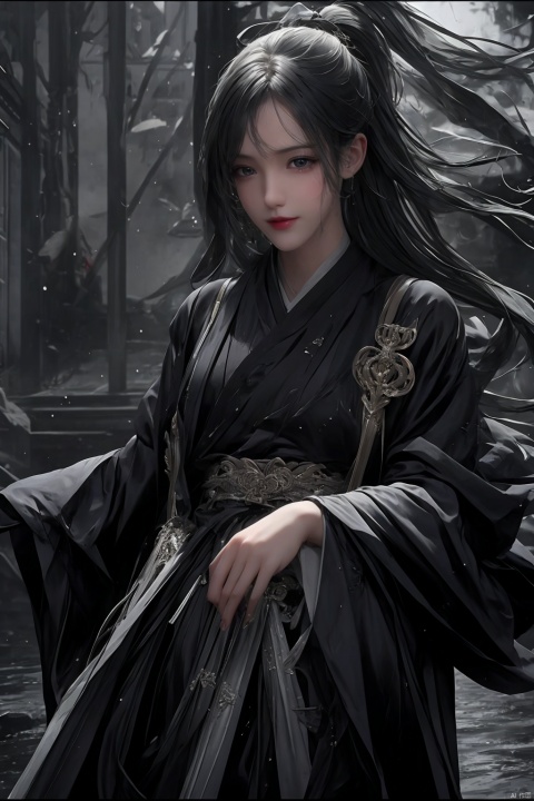  Cool theme, masterpiece, Cowboy lens, A girl, solo, Bare face, Exquisite features, Lengyan, female focus, A perfect figure, Long white hair: 1.5, (White-Hanfu-kimono）, ((sword in hand)), Splash: 1.3, In the rain: 1.3, fine gloss, Black Background: 1.5, splash water, Contour light on the face, god rays, ray tracing, reflection light, anaglyph, motion blur, cinematic lighting, motion lines, Depth of field, Hyperrealism, 8K, best quality, textured skin, 1080P, ccurate, HD, high quality, high details