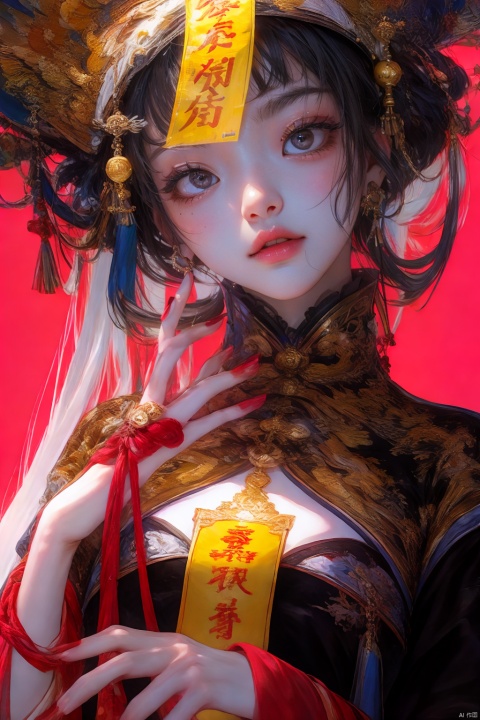  1girl, solo, breasts, looking at viewer, open mouth, bangs, black hair, hair ornament, long sleeves, hat, dress, holding, jewelry, yellow eyes, upper body, earrings, teeth, wide sleeves, blunt bangs, nail polish, fingernails, eyelashes, blood, makeup, fangs, chinese clothes, cleavage cutout, tassel, red nails, red background, hair rings, long fingernails, ofuda, sharp fingernails, jiangshi, talisman