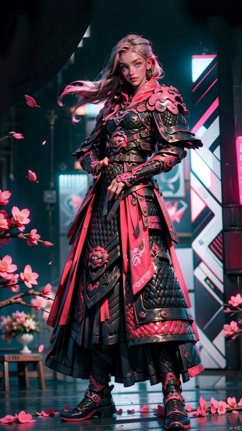  1 Girl, Blue Eyes, Pink Long Hair, Pink Armor, Chinese Armor, Pink Shawl, Athletic Pose, Night, Outdoors, Web Digital Lighting, Neon Lights, Web Colors, Cherry Blossoms, Petals, Reflective Floor, Splash, Ripples.