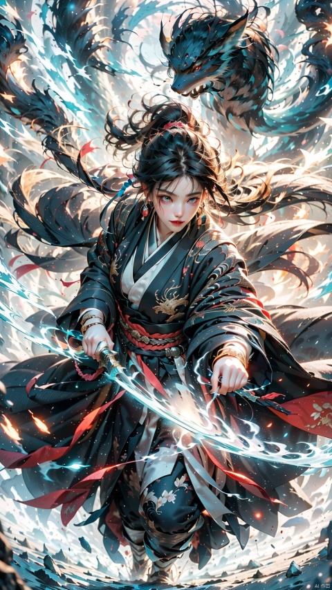 1 girl, (looking up) (positive light) female focus, (long hair) lightness skill, imperial sword (straight sword) (lightning whirlwind), red lips, bangs, earrings, kimono, Chinese cardigan, print, tassels,
1 fox, Chinese architecture, shrouded in clouds and mist, ethereal aura, Taoist talismans