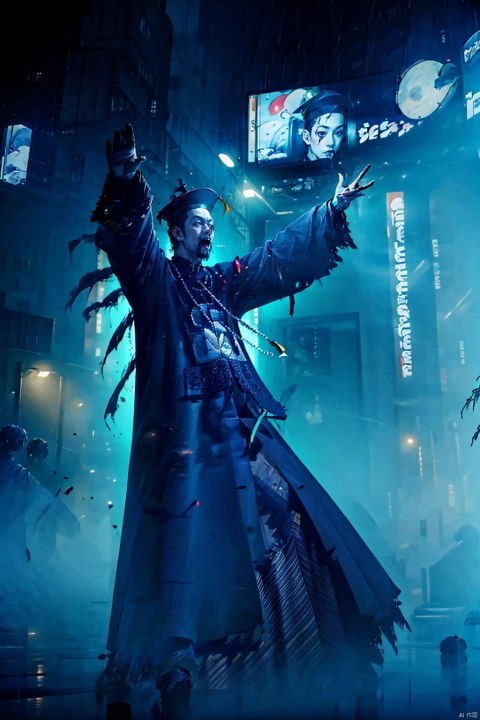  solo,1boy,hat,male focus,glowing,outstretched arms,ofuda,jiangshi,qing guanmao,zombie pose,neon lights., horror (theme)