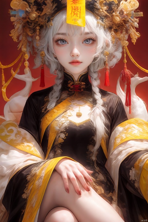 1girl, solo, long hair, looking at viewer, open mouth, bangs, hair ornament, long sleeves, hat, dress, jewelry, sitting, yellow eyes, braid, white hair, earrings, nail polish, black dress, twin braids, makeup, fangs, chinese clothes, crossed legs, tassel, red nails, red background, shawl, ofuda, tassel earrings, talisman