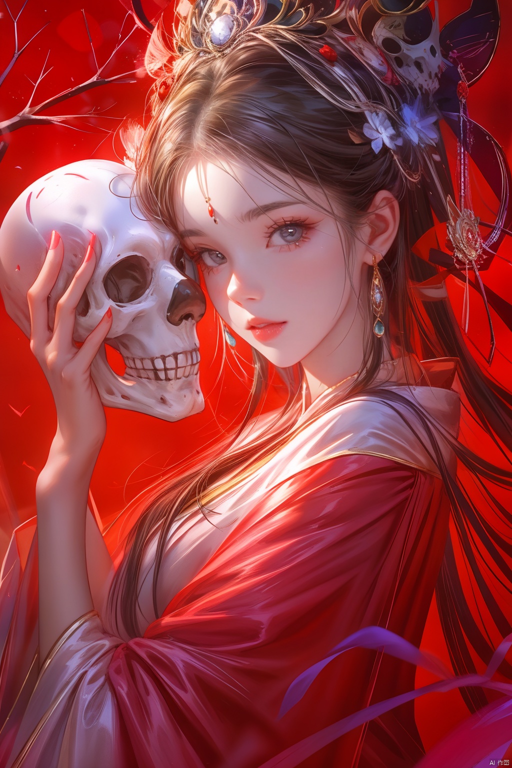 1girl, solo, long hair, looking at viewer, brown hair, black hair, hair ornament, red eyes, long sleeves, holding, jewelry, closed mouth, upper body, earrings, hand up, from side, looking to the side, makeup, mask, chinese clothes, red background, skull, red lips, hair stick, red theme, holding mask, holding skull