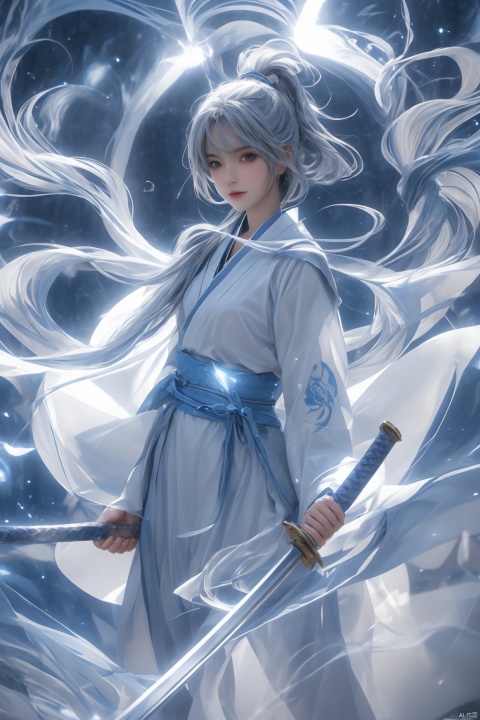  High detailed, masterpiece, Cowboy lens, A girl, solo, female focus:1.4, bangs, Medium chest, Gray hair: 1.4, long hair, White kimono, Hold a sword, Scabbard, Blue splash ink, Blue energy vortex, Blue light painting, fine gloss, Architecture, Ancient Chinese architecture, Night：1.3, Starry sky, Full moon, Film and television style, ray tracing, motion blur, Depth of field, sparkle, Surrealism, Conceptual art, reflection light, UHD, 8K, best quality, textured skin, 1080P, ccurate