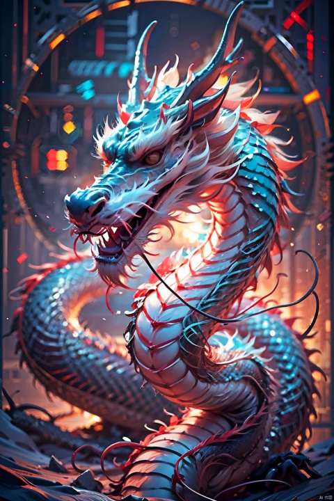  HDR, UHD, 8K, High detailed, best quality, masterpiece, (Cyber Theme：1.5) (Colorful/Neon Light：1.3) Chinese dragon - huge, (solo),(Side ：1.5),(Wide Angle Camera: 1.33), (Vision),
(Thidallight: 1.33)
no humans,（ glowing scales：1.2）, sharp teeth,dragon horns, （ocean/wave:1.5), clouds, lightning,(Fuzzy Building： 1.2),((Depth of field))