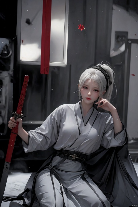 Cool theme, masterpiece, Cowboy lens, A girl, solo, Bare face, Exquisite features, Lengyan, female focus, A perfect figure, Long white hair: 1.5, (Black-Hanfu-kimono）, ((sword in hand)), Splash: 1.3, In the rain: 1.3, fine gloss, Black Background: 1.5, splash water, Contour light on the face, god rays, ray tracing, reflection light, anaglyph, motion blur, cinematic lighting, motion lines, Depth of field, Hyperrealism, 8K, best quality, textured skin, 1080P, ccurate, HD, high quality, high details