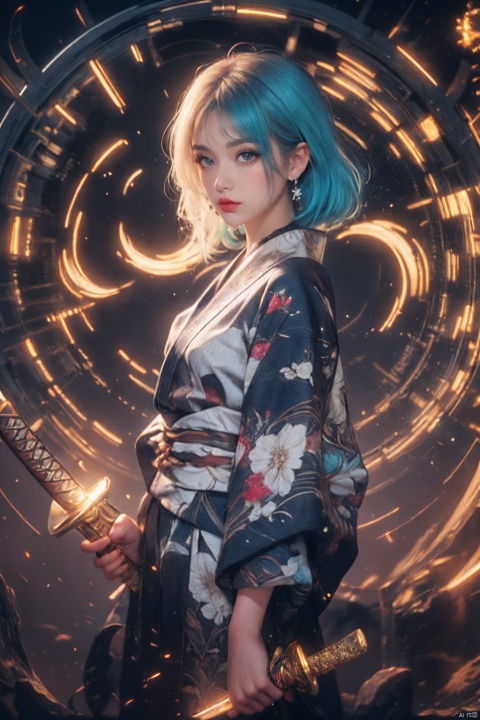  ((minimalist style)), High detailed, masterpiece, ((Front wheel empty light)), 1 girl, solo, (Female Focus), aqua eyes, multicolored eyes, ((Eye highlight)), ((Red glossy lip gloss)), Earrings, bangs, long hair, Hair ornaments, kimono, Printing, Medium chest, ((5 fingers)), ((1 handful Katana/hilt/Blade/)), ((Motion delay light、light painting)), ((Motion delay light| White light painting)), fine gloss, (Desert background), Film and television style, reflection light, motion blur, Depth of field, sparkle, Surrealism, Conceptual art, glowing light, anaglyph, UHD, 8K, best quality, textured skin, 1080P, ccurate, retina, [(white background:1.5)::5]