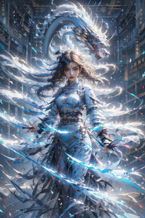 1 girl, solo, female focal point, (Hanfu) (kimono) (skirt), blue long hair, (Chinese clothing) (blue eyes) (bright pictures), red lips, bangs, earrings, kimono, Chinese cardigan, print, tassels, (facing up) (front light), sword (straight sword)
Elemental Whirlwind, Chinese Dragon_ Imagination__ Cloud winding_ Huoyun_ Dragon, Chinese architecture.
(Masterpiece), (very detailed CG Unity 8K wallpaper), the best quality, high-resolution illustrations, stunning, highlights, (best lighting, best shadows, a very exquisite and beautiful), (enhanced)·, 1girl, Light-electric style, FF