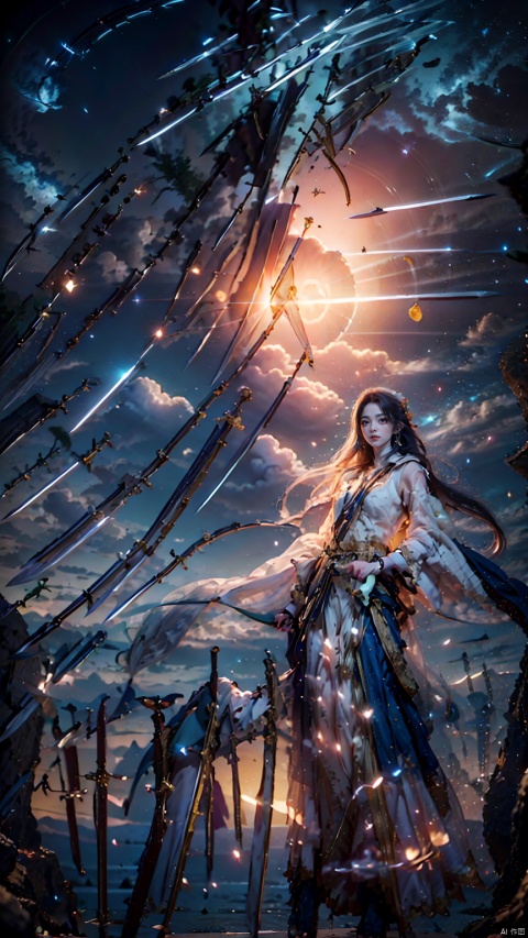  1 girl, solo, white long hair, female focus: strengthening, (Full Body: 1.2), (Floating Swords * 100), 100 Floating Swords, lens light, Shadow of the Swords (Blade Storm: 1.2), circular waves, Night, cliffs, starry sky, clouds, mountains and rivers, ambient samples, Starry Night, Absorption, Incremental Absorption, Beyond Reality, (Masterpiece) ECE, (Very Detailed CGUnit 8K Wallpaper), Best Quality, High Resolution Illustrations,