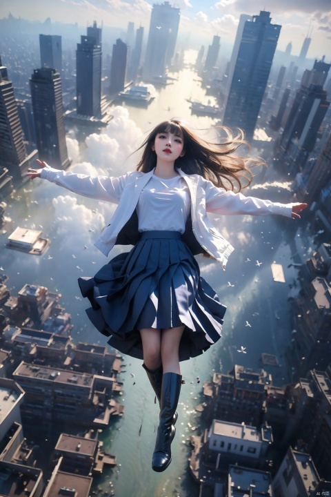  1girl, solo, Long hair, floating hair, looking at viewer, bangs, boots, pleated skirt, white shirt, jacket, long sleeves, shirt, open clothes, full body, Lie on your back, outstretched arms, Floating in the air, cloud, Falling position, Bird's-eye view, city, ray tracing, motion blur, Depth of field, sparkle, Surrealism, Conceptual art, reflection light, super detail, high details, ccurate, 1080P, HD, UHD, anatomically correct, 8k, JK, yunduan