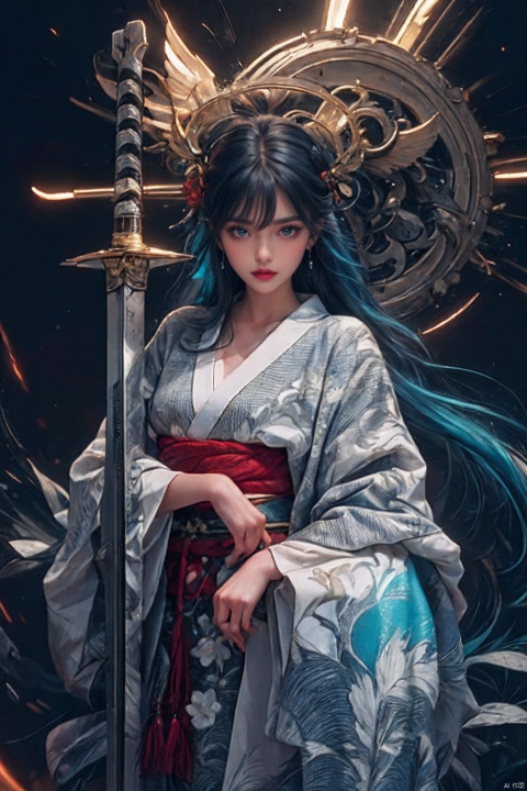  ((minimalist style)), High detailed, masterpiece, ((Front wheel empty light)), 1 girl, solo, (Female Focus), aqua eyes, multicolored eyes, ((Eye highlight)), ((Red glossy lip gloss)), Earrings, bangs, long hair, Hair ornaments, kimono, Printing, Medium chest, ((5 fingers)), ((1 handful Katana/hilt/Blade/)), ((Motion delay light、light painting)), ((Motion delay light| White light painting)), fine gloss, (Desert background), Film and television style, reflection light, motion blur, Depth of field, sparkle, Surrealism, Conceptual art, glowing light, anaglyph, UHD, 8K, best quality, textured skin, 1080P, ccurate, retina, [(white background:1.5)::5]