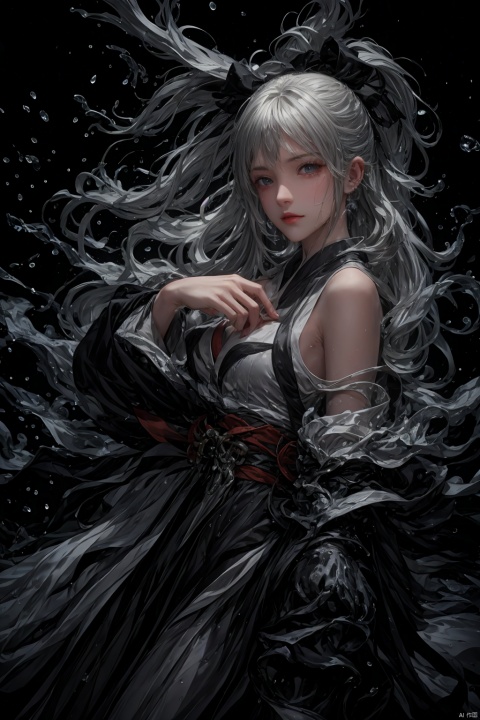High detailed, masterpiece, A girl, solo, female focus, Gray hair: 1.5, long hair, （Black, Hanfu, kimono）, Splash Surround: 1.3, In the rain: 1.3, /, Sword in Hand: 1.2/, swords, / Sword hilt, scabbard, Depodh, /, fine gloss, full length shot, Black Background: 1.5, splash water, ray tracing, reflection light, anaglyph, motion blur, cinematic lighting, motion lines, Depth of field, chiaroscuro, god rays, Hyperrealism, UHD, 8K, best quality, textured skin, 1080P, ccurate