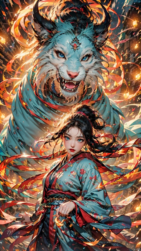 1 girl, (looking up) (positive light) (blue eyes), female focus, (long hair) lightness skill, imperial sword (straight sword) (lightning whirlwind), red lips, bangs, earrings, kimono, Chinese cardigan, print, tassels,
Chinese architecture, energy flow, energy fluid, a huge beast composed of energy, Taoist symbols, Multidimensional diffraction paper