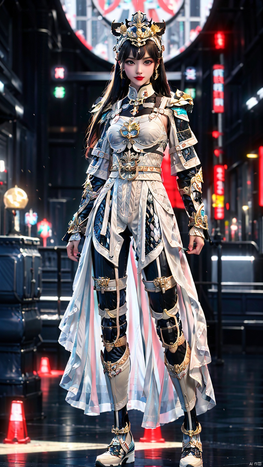 1 girl, solo, (upper body) female focal point, (blue eyes) (Hanfu) (kimono) (skin), long hair, () viewing audience) (Chinese armor) (armor) (red armor) (cloak) (hand guard) (shoulder guard) (armor mask) (dynamic posture),
(bright picture) red lips, bands, earings, print, tasks, (front view)
Tang Dynasty architecture, streets, nights, cyber colors.