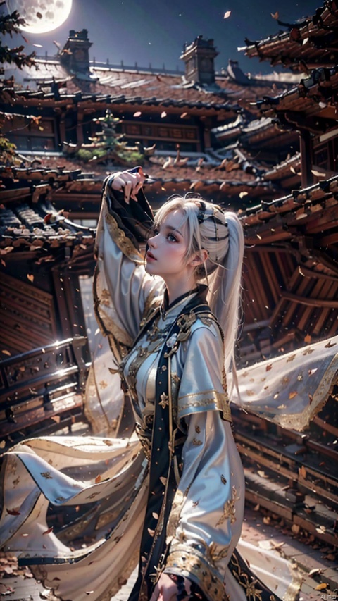 1 Girl, Solo, Female Features, Long White Hair, Sword in Hand, Sheath at Waist, Athletic Posture, Night, Outdoors, Street, Bright Full Moon, White Petals, Falling, Mirroring Floor, Splashing Sawdust. (Classic), (Very Detailed CGUnitty 8K Wall Paper), Best Quality, High Resolution Graphics.