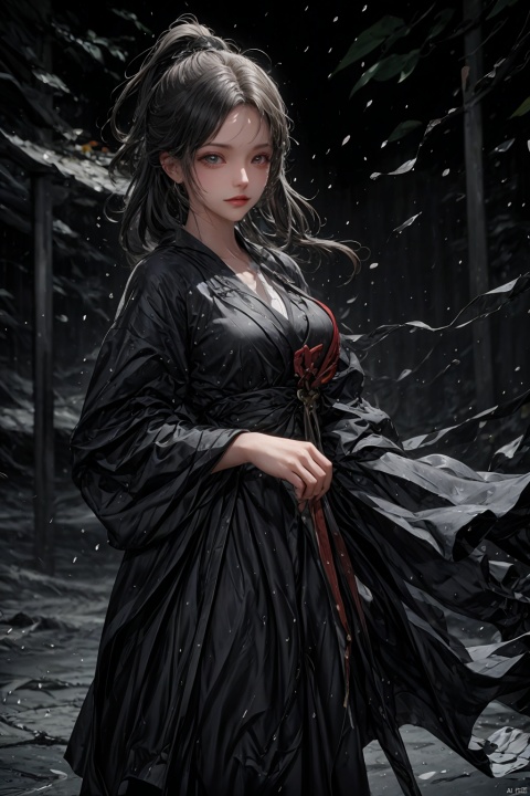 High detailed, masterpiece, A girl, solo, female focus, Gray hair: 1.35, long hair, （Black, Hanfu, kimono）, Splash Surround: 1.5, In the rain: 1.5, /, BREAK, Sword in Hand: 1.31/, swords, / Sword hilt, scabbard, Depodh, /, fine gloss, full length shot, Black Background: 1.3, splash water, 3D, ray tracing, reflection light, anaglyph, motion blur, cinematic lighting, motion lines, Depth of field, chiaroscuro, god rays, Hyperrealism, UHD, 8K, best quality, textured skin, 1080P, ccurate