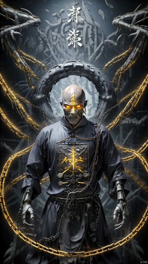 (True Style) (Film Quality) (Low Degree of saturation) (Chinese Costume), (Bald) 1 Boy, (Yellow Rune on Head), (Eastern Magic Array), (Resident Evil) (Mutant) (Cyborg) (Exposed Tendon Tissue), (Complex Mechanical Parts) (Precision Conduit) (Enhanced Texture) (Male Focus) (Curse) (Imprisoned, Complex Chains) (Eastern Black Magic) (Alchemy) (Bionic Arms) (Background Ancient Frescoes, Complex Text Totem, Ancient Ruins Scene, Black Air Surround), Cthulhu Style., yiwenrudao\(xiuxian\), qzcnhorror, Giant octopus monster