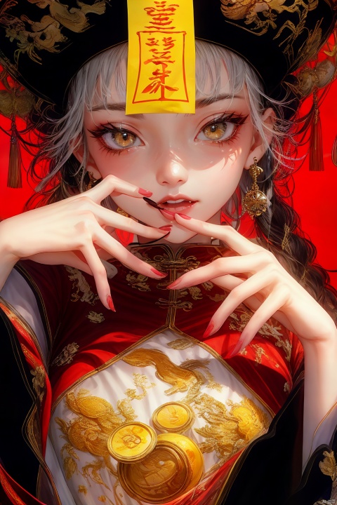  1girl, solo, long hair, looking at viewer, smile, open mouth, bangs, black hair, dress, jewelry, sitting, yellow eyes, white hair, multicolored hair, earrings, teeth, tongue, hair bun, nail polish, two-tone hair, fingernails, double bun, makeup, fangs, chinese clothes, red nails, hair rings, ofuda, stitches, jiangshi