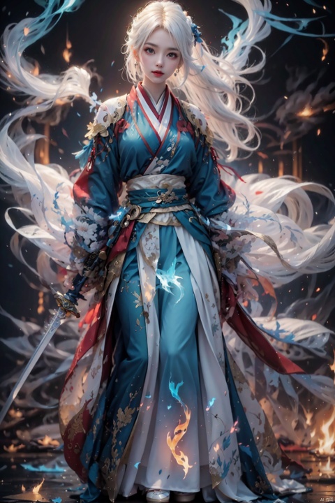  (Oriental Fairy Hero Style: 1.5,Taoist elements)/(Movie Style),
HDR, UHD, 8K, detailed, best quality,
1 Girl, Solo, (Female Focus: 1.6),(White hair), (High ponytail),
(Looking at the camera),
Delicate face, long hair
Elegant, aesthetic pose, sharp eyes, red lips, bangs, (Black clothing: 1.2), (Wide sleeved),wide sleeps, dress, kimono, hanfu, cardigan, print, tassel, (full body - blue white flame: 1.5).
（(Holding weapons,swords, blades, hilts, scabbard, out scabbards)).
(Motion Blur: 1.4), (Depth of Field: 1.5), (Ray Tracing Lighting: 1.3)
Fluttering Red Ribbon: 1.2, (Cloud and Mist Rollover: 1.5), (White Airflow Rotation: 1.5), (Black background), huliya, 1 girl, light master