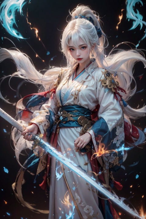  (Oriental Fairy Hero Style: 1.5,Taoist elements)/(Movie Style),
HDR, UHD, 8K, detailed, best quality,
1 Girl, Solo, (Female Focus: 1.6),(White hair), (High ponytail),
(Looking at the camera),
Delicate face, long hair
Elegant, aesthetic pose, sharp eyes, red lips, bangs, (Black clothing: 1.2), (Wide sleeved),wide sleeps, dress, kimono, hanfu, cardigan, print, tassel, (full body - blue white flame: 1.5).
（(Holding weapons,swords, blades, hilts, scabbard, out scabbards)).
(Motion Blur: 1.4), (Depth of Field: 1.5), (Ray Tracing Lighting: 1.3)
Fluttering Red Ribbon: 1.2, (Cloud and Mist Rollover: 1.5), (White Airflow Rotation: 1.5), (Black background), huliya, 1 girl, light master