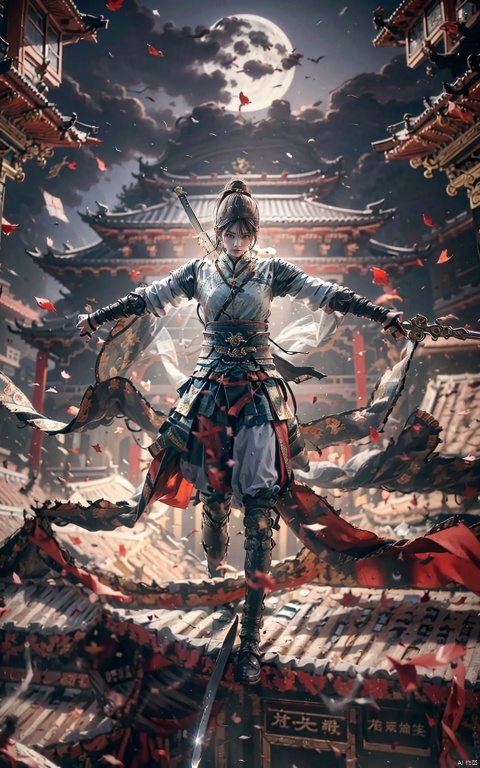  1 girl, blue eyes, red long hair, red armor, Chinese armor, red shawl, sporty posture, holding sword handle, long sword, blade reflective, Chinese style ancient building, standing on the roof, night, moon, moonlight, outdoor, falling leaves, rain, floating water droplets, splashing, rippling.

(Masterpiece), (Very Detailed CGUnit 8K Wallpaper), Best Quality, High Resolution Illustrations, Stunning, Highlights, (Best Lighting, Best Shadows, A Very Delicate And Beautiful), (Enhanced)..., long, Yu Jian Jue, Chinese style, Word Formation, Sorting through the clouds and miss.
