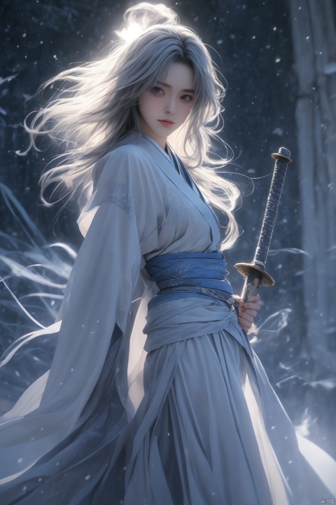  High detailed, masterpiece, Cowboy lens, A girl, solo, female focus:1.4, bangs, Medium chest, Gray hair: 1.4, long hair, White kimono, Hold a sword, Scabbard, Blue splash ink, Blue energy vortex, Blue light painting, fine gloss, Architecture, Ancient Chinese architecture, Night：1.3, Starry sky, Full moon, Film and television style, ray tracing, motion blur, Depth of field, sparkle, Surrealism, Conceptual art, reflection light, UHD, 8K, best quality, textured skin, 1080P, ccurate