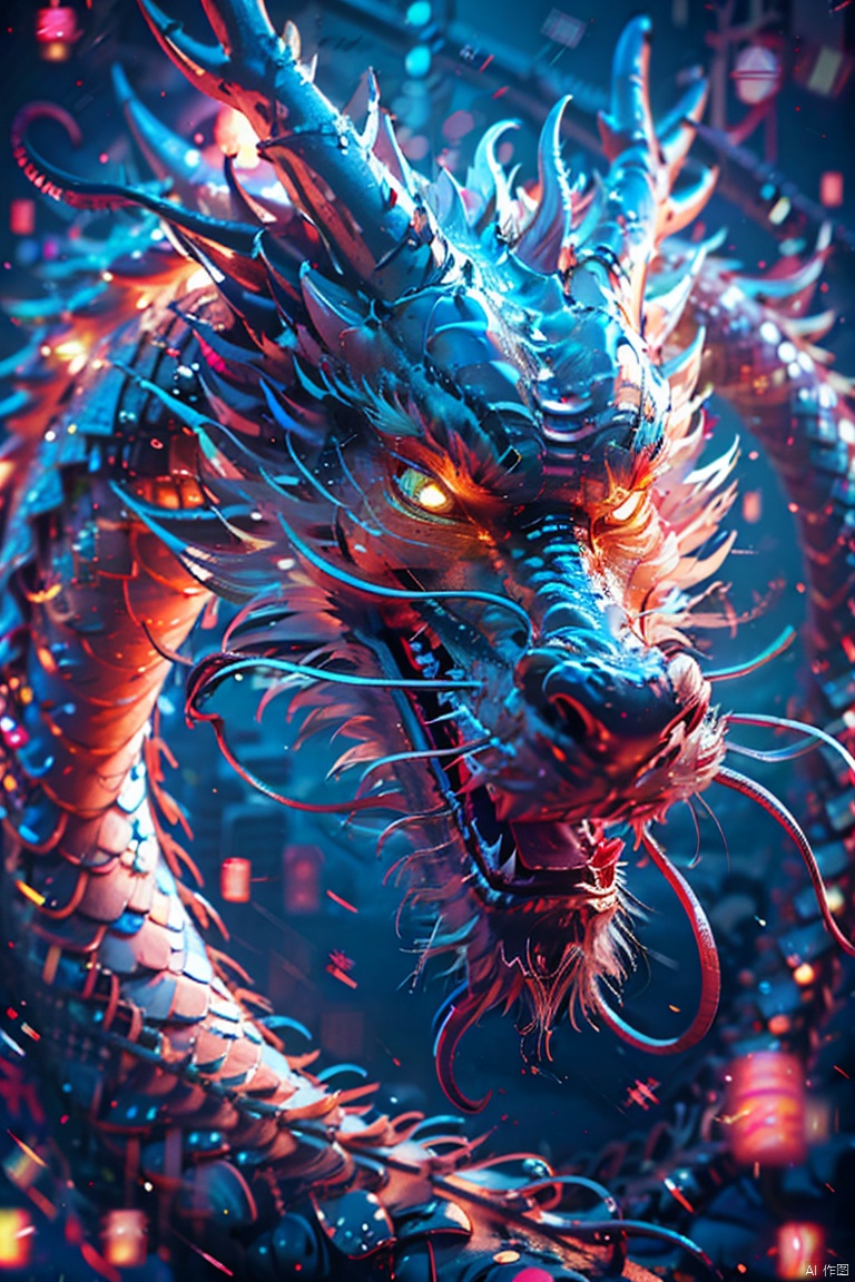  HDR, UHD, 8K, High detailed, best quality, masterpiece, (Cyber Theme：1.5) (Colorful/Neon Light：1.5) Chinese dragon - huge, (solo),(Side ：1.5),(Wide Angle Camera: 1.33), (Thidallight: 1.33)
no humans,（ glowing scales：1.2）, sharp teeth,dragon horns, （ocean/wave), clouds, lightning,(Fuzzy Building： 1.2),((Depth of field))