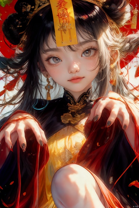 1girl, solo, long hair, looking at viewer, blush, smile, open mouth, bangs, black hair, hair ornament, long sleeves, hat, dress, jewelry, sitting, yellow eyes, white hair, multicolored hair, earrings, teeth, hair bun, nail polish, two-tone hair, white thighhighs, fingernails, double bun, makeup, fangs, chinese clothes, outstretched arms, tassel, black nails, eyeshadow, ofuda, jiangshi, qing guanmao, zombie pose