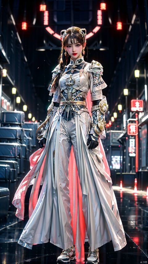  1 girl, solo, (upper body) female focal point, (blue eyes) (Hanfu) (kimono) (skin), long hair, () viewing audience) (Chinese armor) (armor) (red armor) (cloak) (hand guard) (shoulder guard) (armor mask) (dynamic posture),
(bright picture) red lips, bands, earings, print, tasks, (front view)
Tang Dynasty architecture, streets, nights, cyber colors.