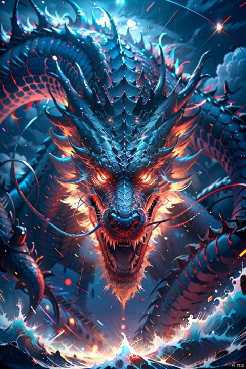  HDR, UHD, 8K, High detailed, best quality, masterpiece, (Cyber Theme) (Colorful, Neon Light) Chinese dragon - huge, (solo),(Side ：1.5),no humans,（ glowing scales：1.2）, sharp teeth,dragon horns, （ocean/wave), clouds, lightning,(Fuzzy Building 1.2)