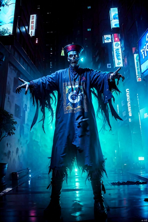  solo,1 boy,（Human Height: 1.2）,hat,male focus,glowing,outstretched arms,ofuda,jiangshi,qing guanmao,zombie pose,neon lights., horror (theme), qzcnhorror