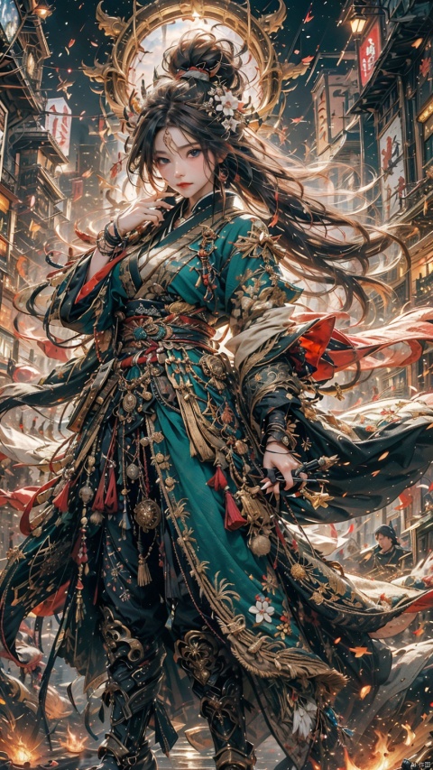  1 girl, holding a Japanese sword, not looking at the camera, three-dimensional facial features, Asian face, solo, blue eyes, holding, glow, robot, mecha, science fiction, open_ Hand, movie lighting, strong contrast, high level of detail, best quality, masterpiece, spirit, crystal_ Dress, crystal, with white, blue, and silver as the main color tones Kimono, Hanfu, clouds, with a background of an Eastern dragon (with high-precision details)., ll-hd