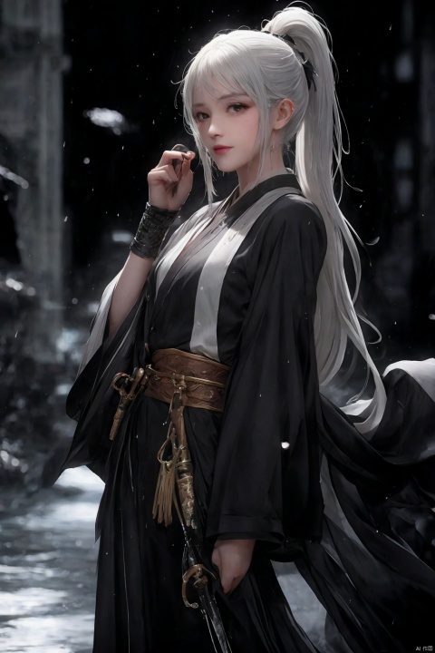  High detailed, masterpiece, A girl, solo, female focus, Gray hair: 1.5, long hair, （Black, Hanfu, kimono）, Splash Surround: 1.3, In the rain: 1.3, /, Sword in Hand: 1.2/, swords, / Sword hilt, scabbard, Depodh, /, fine gloss, full length shot, Black Background: 1.5, splash water, ray tracing, reflection light, anaglyph, motion blur, cinematic lighting, motion lines, Depth of field, chiaroscuro, god rays, Hyperrealism, UHD, 8K, best quality, textured skin, 1080P, ccurate