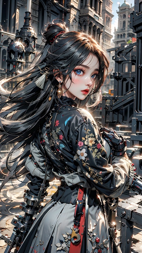  1 girl, solo, (upper body) female focal point, (blue eyes) (Hanfu) (kimono) (skirt), long hair, (Chinese clothing) (bright picture) red lips, bangs, earrings, kimono, Chinese cardigan, print, tassels, (front view) (front view), sword (straight sword)
Elemental Whirlwind, Chinese Dragon_ Imagination__ Cloud winding_ Huoyun_ Dragon, Chinese architecture.
(Masterpiece), (very detailed CG Unity 8K wallpaper), the best quality, high-resolution illustrations, stunning, highlights, (best lighting, best shadows, a very exquisite and beautiful), (enhanced)·, Light-electric style