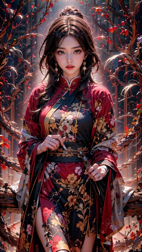  1 girl, solo, female focus, (Chinese dress) and red lips, bangs, earrings, kimono, Chinese cardigan, printed cloth, tassel, hand-held samurai knife.(Chinese dragon)
 (Masterpiece), (Very Detailed CGUnity 8K Wallpaper), Best Quality, High Resolution Illustrations, Stunning, Highlights, (Best Lighting, Best Shadows, A Very Delicate And Beautiful), (Enhanced) ·, long, (\long yun heng tong\)