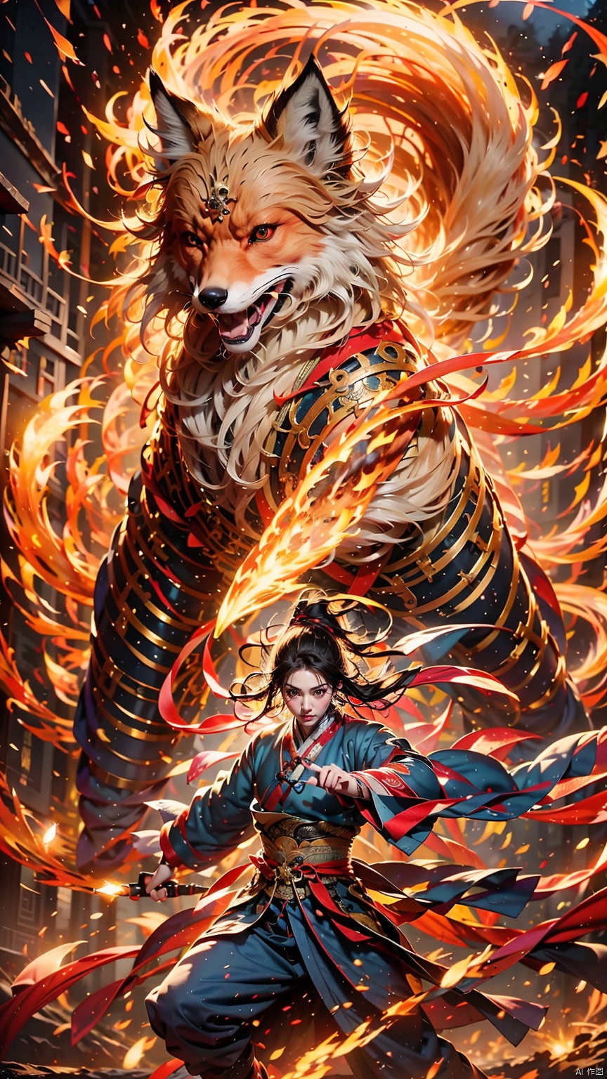  1 Girl, Ancient Chinese Hanfu, White Hair, Sword Holding, Long Sleeve, Dynamic Pose, Ancient Chinese Architecture, Giant Red Fox, Energy Storm, Watching Audience, Female Focus, Outdoors, Standing, Fox, dofas, Daofa Rune