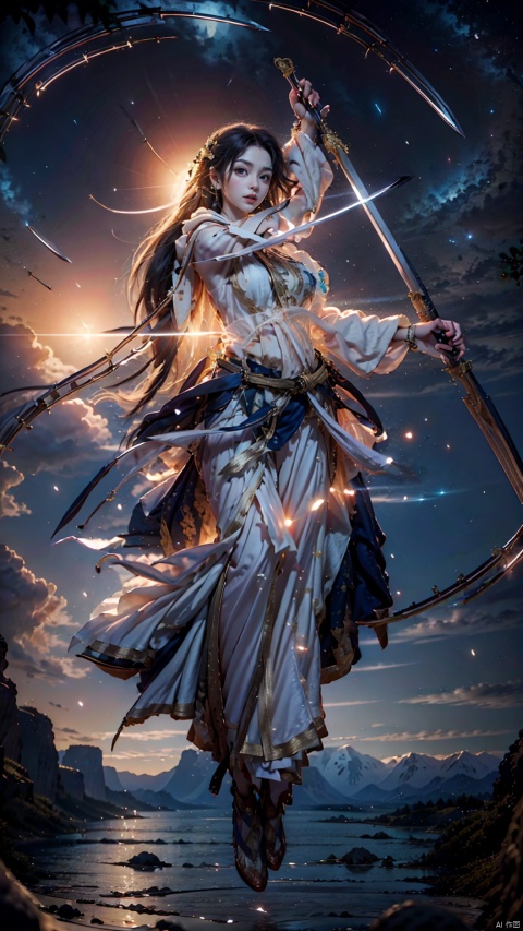  1 girl, solo, white long hair, female focus: strengthening, (Full Body: 1.2), (Floating Swords * 100), 100 Floating Swords, lens light, Shadow of the Swords (Blade Storm: 1.2), circular waves, Night, cliffs, starry sky, clouds, mountains and rivers, ambient samples, Starry Night, Absorption, Incremental Absorption, Beyond Reality, (Masterpiece) ECE, (Very Detailed CGUnit 8K Wallpaper), Best Quality, High Resolution Illustrations, Daofa Rune