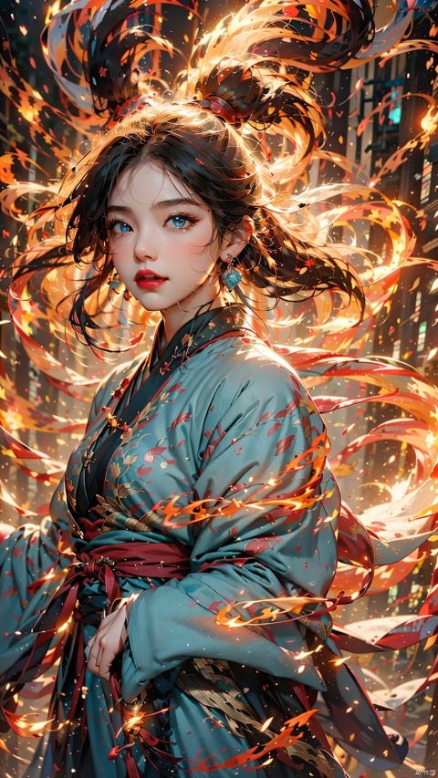 1 girl, (looking up) (positive light) (blue eyes), female focus, (long hair) lightness skill, imperial sword (straight sword) (lightning whirlwind), red lips, bangs, earrings, kimono, Chinese cardigan, print, tassels,
Chinese architecture, energy flow, flame fluid, a huge red fox composed of flames, Taoist talisman, taoist