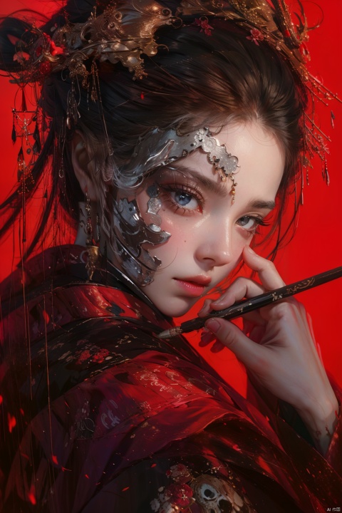 1girl, solo, long hair, looking at viewer, black hair, hair ornament, long sleeves, holding, upper body, parted lips, japanese clothes, hand up, hair bun, from side, makeup, single hair bun, red background, skull, red lips, hair stick, red theme, skull hair ornament