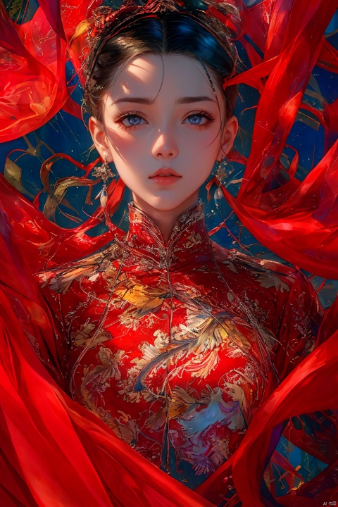 1girl, solo, long hair, looking at viewer, brown hair, black hair, dress, brown eyes, jewelry, closed mouth, upper body, earrings, hand up, makeup, chinese clothes, red dress, portrait, red lips, red theme, a girl,cool, illustration, painting
