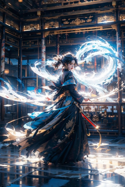 1 girl, solo, (upper body) female focal point, (Hanfu) (kimono) (skirt), blue long hair, (Chinese clothing) (blue eyes) (bright pictures) red lips, bangs, earrings, kimono, Chinese cardigan, print, tassels, (front view) (front view), sword (straight sword)
Elemental Whirlwind, Chinese Dragon_ Imagination__ Cloud winding_ Huoyun_ Dragon, Chinese architecture.
(Masterpiece), (very detailed CG Unity 8K wallpaper), the best quality, high-resolution illustrations, stunning, highlights, (best lighting, best shadows, a very exquisite and beautiful), (enhanced)·