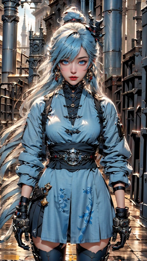  1 girl, solo, (upper body) female focal point, (Hanfu) (kimono) (skirt), blue long hair, (Chinese clothing) (blue eyes) (bright pictures) red lips, bangs, earrings, kimono, Chinese cardigan, print, tassels, (front view) (front view), sword (straight sword)
Elemental Whirlwind, Chinese Dragon_ Imagination__ Cloud winding_ Huoyun_ Dragon, Chinese architecture.
(Masterpiece), (very detailed CG Unity 8K wallpaper), the best quality, high-resolution illustrations, stunning, highlights, (best lighting, best shadows, a very exquisite and beautiful), (enhanced)·
