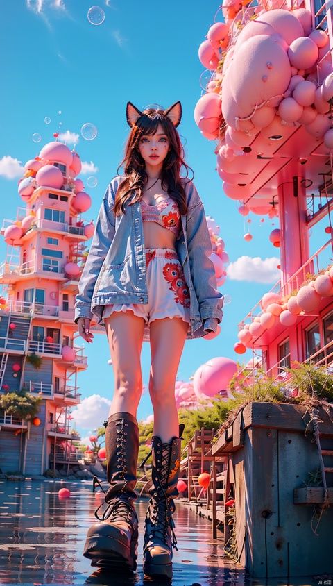  1girl, animal_ears, beach, blue_eyes, boots, breasts, cloud, copyright_name, full body, fireelement,cupworld, jellyfishforest, tattoo, bubble, sssr, xingkong, duobaca, Ylvi-Tattoos,from below,full body,Fisheyelens,walking, FANTASY,moyou