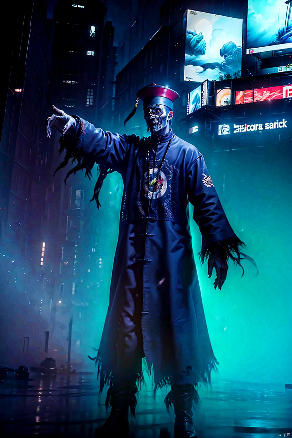  solo,1 boy,（Human Height: 1.2）,hat,male focus,glowing,outstretched arms,ofuda,jiangshi,qing guanmao,zombie pose,neon lights., horror (theme)