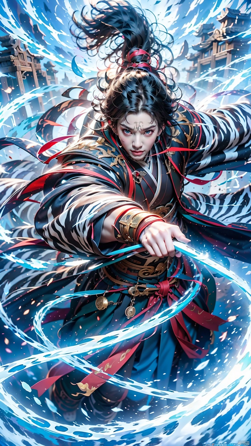  1 Girl, Ancient Chinese Hanfu, White Hair, Sword Holding, Long Sleeve, Dynamic Pose, Ancient Chinese Architecture, Giant White Tiger, Energy Storm, Watching Audience, Female Focus, Outdoors, Standing, Tiger, yiwenrudao\(xiuxian\)