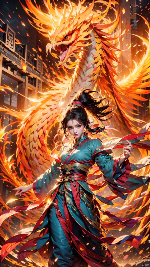  1 Girl, Ancient Chinese Hanfu, White Hair, Long Sleeved, Dynamic Pose, Ancient Chinese Architecture, Giant Phoenix, Energy Storm, Watching Audience, Female Focus, Outdoors, Standing, Phoenix
