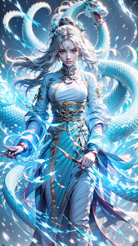  1 Girl, Ancient Chinese Hanfu, White Hair, Sword Holding, Long Sleeve, Dynamic Pose, Ancient Chinese Architecture, Giant White Snake, Energy Storm, Watching Audience, Female Focus, Outdoors, Standing, Snake